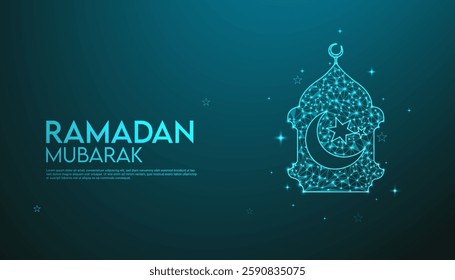 Elegant Abstract Ramadan Background with Blue Geometric Patterns, Crescent Moon, and Shining Stars – Futuristic Digital Islamic Vector Illustration for Eid Celebration, Midnight Sky, and Spiritual Fes