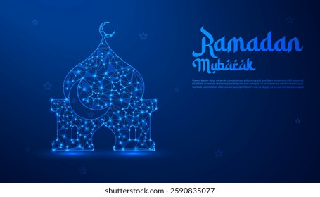 Elegant Abstract Ramadan Background with Blue Geometric Patterns, Crescent Moon, and Shining Stars – Futuristic Digital Islamic Vector Illustration for Eid Celebration, Midnight Sky, and Spiritual Fes