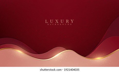 Elegant Abstract Red Background With Curve Shape And Line Golden Elements. Realistic Luxury Paper Cut Style 3d Modern Concept. Vector Illustration For Design.