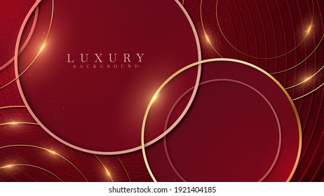 Elegant abstract red background with geometric circle shape and line golden elements. Realistic luxury paper cut style 3d modern concept. vector illustration for design.