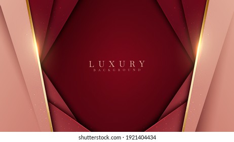 Elegant abstract red background with geometric triangle shape and line golden elements. Realistic luxury paper cut style 3d modern concept. vector illustration for design.