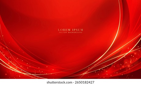 Fundo vermelho abstrato elegante com curvas douradas, ondas fluindo, brilho e luz rastros efeito. Ilustração vetorial