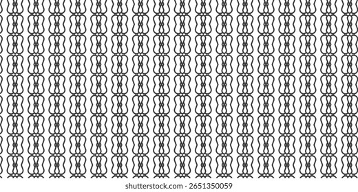 Elegante abstrato padrão de loop sem emenda com intertravamento de curvas simétricas pretas em um fundo branco. Perfeito para têxteis, papéis de parede ou temas de design minimalista.
