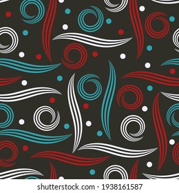 elegant abstract seamless pattern. azure, burgundy, white circles, smooth and swirling stripes randomly arranged on a black background. vector