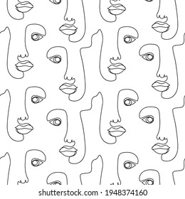 Elegant abstract seamless pattern with famale faces drawn one line on white background. Fashion trend. Vector illustration. 