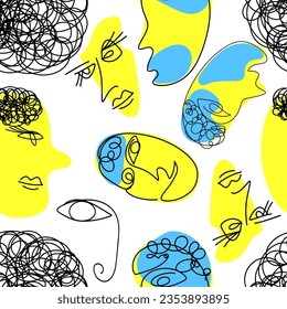Elegant abstract seamless pattern with famale faces drawn one line on white background. Fashion trend. Brain and mind of people. Vector illustration.