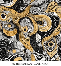 Elegante padrão sem emenda abstrato com redemoinhos de ouro, preto e cinza com uma texturizada, sensação artística. Este design moderno é perfeito para fundos, tecido.