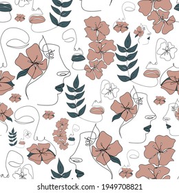 Elegant abstract seamless pattern with female faces with flowers and leaves drawn one line. For textile, cover, web. Vector illustration.