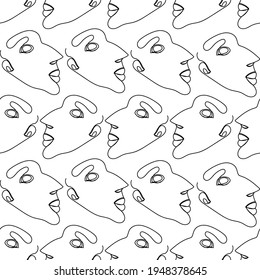Elegant abstract seamless pattern with male faces drawn one line on white background. Fashion trend. Vector illustration.