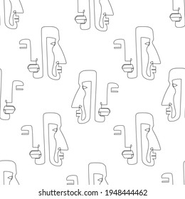 Elegant abstract seamless pattern with male and female faces drawn one line on white background. Fashion trend. Cubism. Vector illustration.