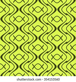 Elegant abstract seamless pattern of wavy lines and candy in wrapper shapes. Geometric print in green colors. Beautiful contrasting background. Vector illustration