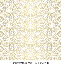 Elegant abstract seamless tangled doodle vector pattern. Gold line shapes on white background. Tessellating pattern for fashion fabrics, wallpaper, interiors and stationary.