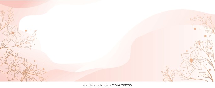 Elegant Abstract Soft Pink Liquid Wave Background with Golden Line Art Floral Ornaments and Botanical Elements for Wedding Invitation Beauty Salon Banner and Luxury Cosmetic Packaging Design vector illustration
