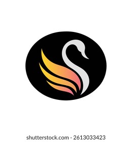 Elegant and abstract swan logo design. The stylized swan is formed with smooth, flowing lines in white, set against a contrasting black circular background.
