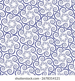 "Elegante padrão de espiral abstrato com design decorativo sem emenda no fundo azul-petróleo gradiente. Perfeito para papéis de parede, têxteis, convites e projetos decorativos modernos."