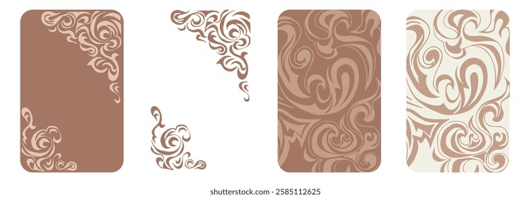 Elegant abstract trendy universal background templates in color of the year Mocha Mousse. Corners and patterns on the background. Vector set of covers for modern design.