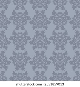 Elegant abstract vector background with curly shapes, swirls, floral elements. Luxury vintage seamless pattern. Ornament texture in damask, baroque, rococo style. Blue gray tones. Repeated design