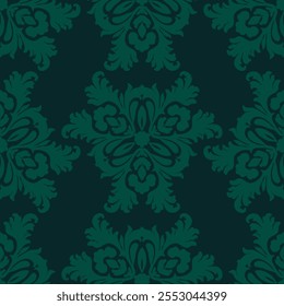 Elegant abstract vector background with curly shapes, swirls, floral elements. Luxury vintage seamless pattern. Ornament texture in damask, baroque, rococo, revival style. Repeated dark green design