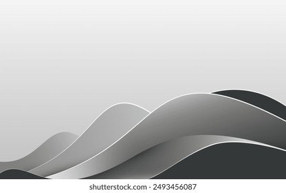 Elegant abstract vector background featuring smooth, flowing gray waves with a gradient effect on a silver metallic background. Ideal for use in web design, presentations, and print materials.