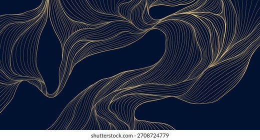 Elegant abstract vector background, gold waves, smooth linear curves, Japanese deco elements. Premium wavy pattern, ocean, soft organic shapes, geometric flow, cover design.