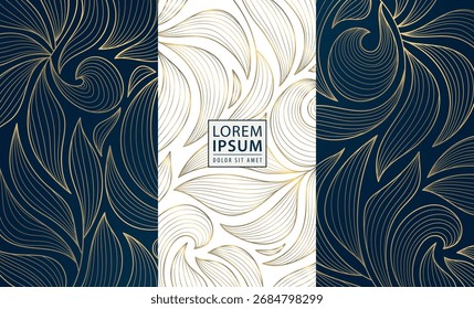 Fondo de Vector abstracto elegante, patrones florales dorados, hojas de palma, texturas de línea ornamentadas, estilo Art Deco. Fondos de pantalla de lujo, tarjetas de boda, estampados de tela.