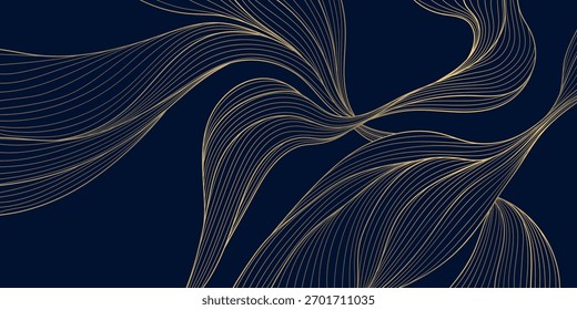 Eleganter abstrakter Vektorhintergrund, goldene Wellenlinien, fließende Kurven, schimmernde helle Textur, dunkler Hintergrund. Luxus-Banner, Premium-Präsentation, dekorative Vorlage