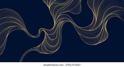 Fondo de Vector abstracto elegante, líneas de onda doradas, curvas que fluyen, textura ligera brillante, telón de fondo oscuro. Anuncio de premios de lujo, presentación premium, Plantilla decorativa