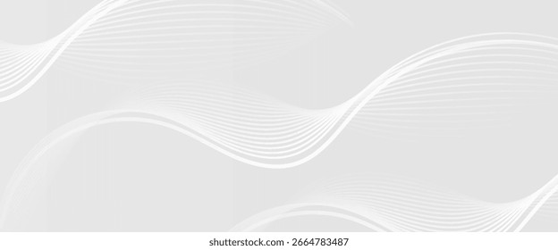 Eleganter abstrakter Vektorhintergrund mit glatten weißen Wellenlinien auf hellgrauem Farbverlauf, perfekt für moderne, technische oder Corporate Design-Projekte.