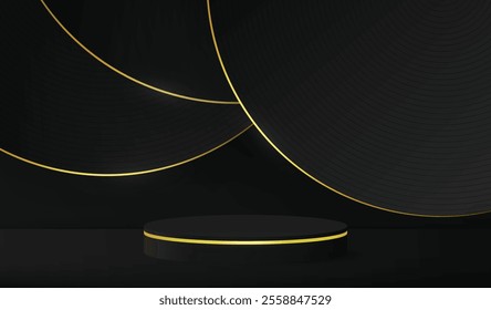 Elegant abstract vector illustration featuring a black and gold circular podium. Perfect for showcasing high-end products with a luxurious, modern design. Premium and stylish.