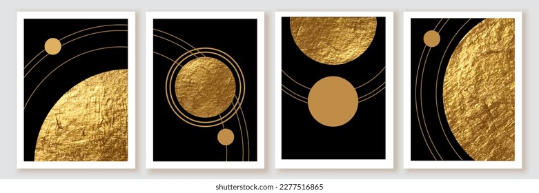 Elegant abstract wall art posters. Composition in black, white, gold. Space, planet concept. Modern design for print,  card, cover, poster.