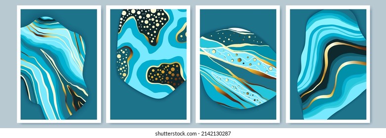 Elegant abstract wall art prints. Composition in blue, white, gold. Modern design for print,  card, cover, poster.
