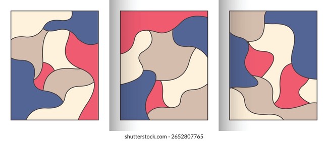 Elegant abstract wall art set for minimalist homes. Inspired by mid century modern design, featuring fluid shapes and harmonious colors. Ideal for chic, contemporary decor in any room.