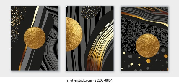 Elegant Abstract Wall Art Triptych. Composition In Black, White, Grey, Gold. Space, Planet Concept. Modern Design For Print,  Card, Cover, Poster.