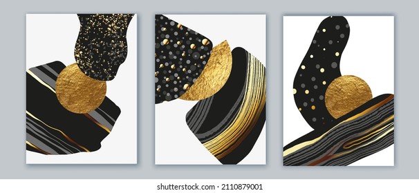 Elegant abstract wall art triptych. Composition in black, white, grey, gold. Space, planet concept. Modern design for print,  card, cover, poster.