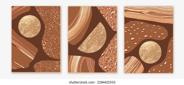 Elegant Abstract  Wall Art Triptych. Composition In Brown, Beige, Earthy, Gold. Modern Design For Print,  Card, Cover, Poster. Abstract Natural Forms, Textures