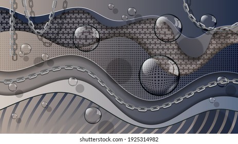 elegant abstract wallpaper with 3d effect. transparent bubbles of different sizes, chains on a background of overlapping beige-gray textured wavy stripes. vector 