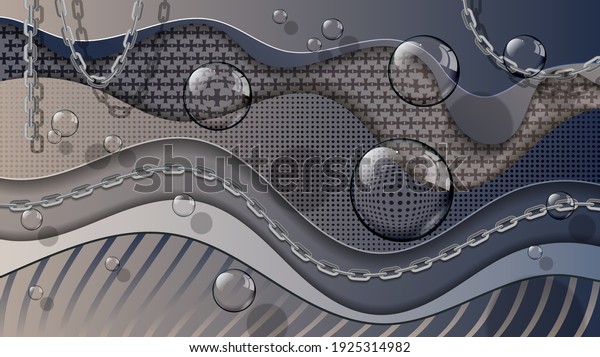 elegant abstract wallpaper with 3d effect. transparent bubbles of different sizes, chains on a background of overlapping beige-gray textured wavy stripes. vector 