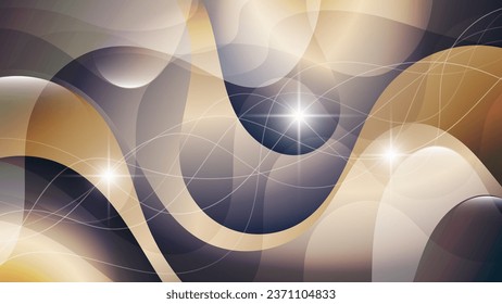 Elegant abstract wallpaper in beige gray tones. Flashes of light, intertwining wavy lines against a background of overlapping abstract shapes and mixing of colors. Vector.