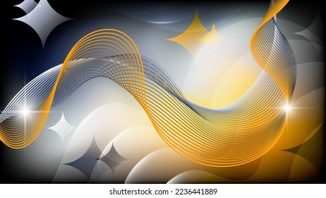 Elegant abstract wallpaper. Intertwining wavy lines against the background of overlapping smooth shapes, stars, mixing colors. Vector.