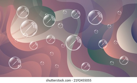 Elegant abstract wallpaper. Transparent bubbles against the background of overlapping wavy shapes and mixing colors. Vector.
