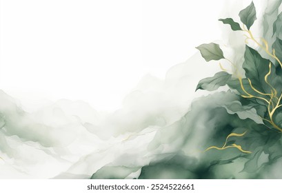 Elegante fundo abstrato aquarela com ouro acentos Vetor ilustração. Delicada mistura de tons verdes sofisticada e estética luxuosa. Design abstrato com ramos dourados de elegância