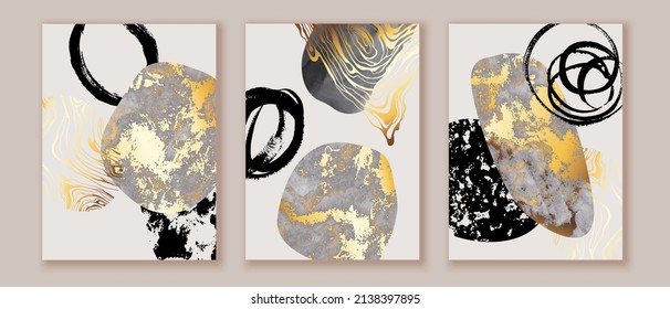 Elegant abstract watercolor wall art triptych. Composition in black, white, grey, gold. Modern design for print,  card, cover, poster.