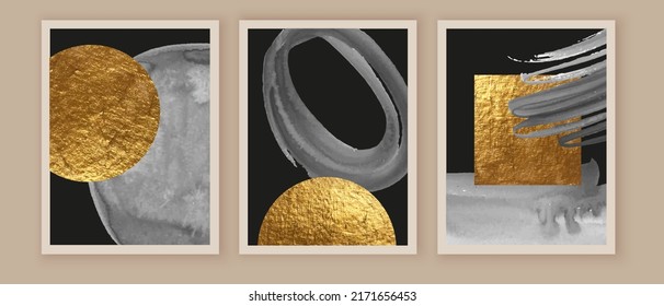 Elegant Abstract Watercolor Wall Art Triptych. Composition In Black, White, Grey, Gold. Modern Design For Print,  Card, Cover, Poster.