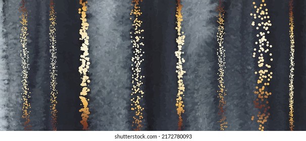 Elegant Abstract Watercolor Wall Art Triptych. Composition In Black, White, Grey, Gold. Modern Design For Print,  Card, Cover, Poster. Golden Foil Lines, Grey Brush Strokes.