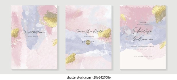 Elegant abstract watercolor wedding invitations vector set. Luxury gold and hand painted watercolor background decoration for save the date, greeting card, poster and cover design template.  