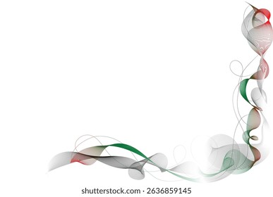 Elegant abstract wave border design in green, red, and white color tones. Flowing ribbon-like lines creating a stylish corner frame on white background, perfect for modern digital layouts or flyers.
