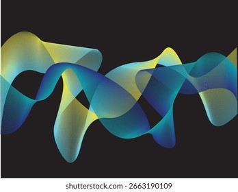 Ola abstracta elegante de líneas azules y amarillas degradadas sobre fondo negro. Perfecto para tecnología, IA, flujo de datos, sonido digital, sistemas de red y conceptos de diseño futurista moderno.