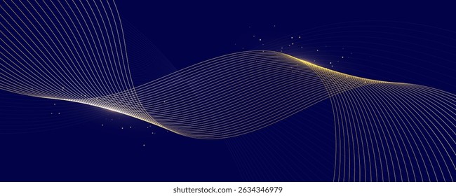 Fondo de líneas de onda Abstractas elegante con partículas de luz dorada en azul oscuro