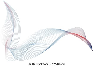 Líneas de onda abstractas elegantes con curvas fluidas suaves en tonos suaves azules y rojos sobre fondo blanco. Diseño de cinta lineal minimalista que expresa movimiento, equilibrio, tecnología e identidad visual corporativa moderna.