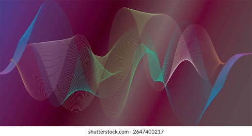 Patrón abstracto elegante de la onda con las líneas coloridas del gradiente sobre un fondo púrpura oscuro. Ideal para temas modernos de tecnología, sonido o arte digital. Palabras claves: wave, gradient, abstract, digital, tech